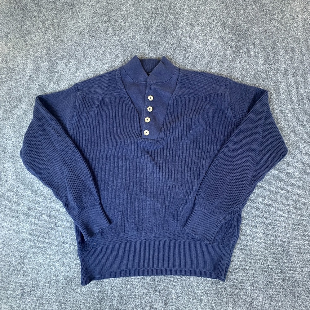 Vintage L.L. Bean Sweater Mens Large Navy Blue‎ Ribbed Knit Cotton Henley Neck